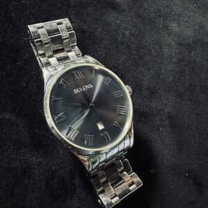 Men's Bulova Silver & Black Dial Stainless Steel Watch